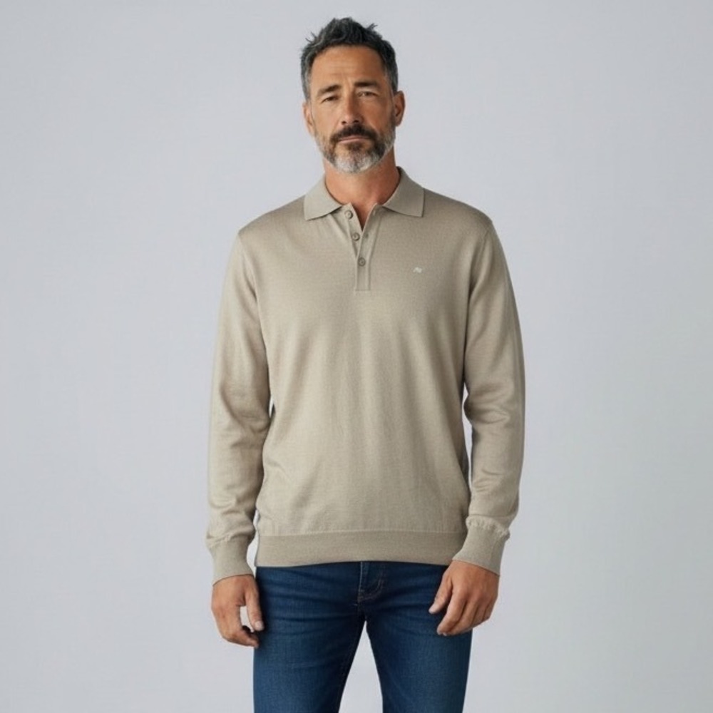 Monte Carlo Mens Tan 100% Pure New Wool Long Sleeve Polo Sweater XL